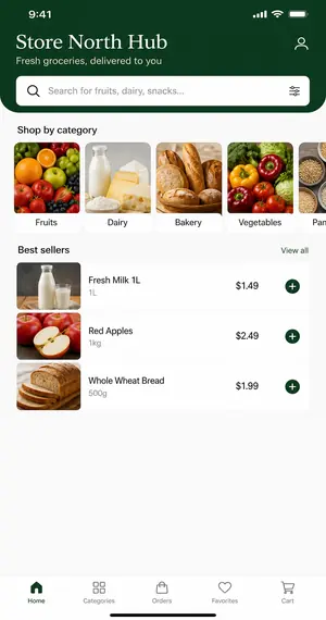 Customer shopping app: categories and best sellers (sample data)