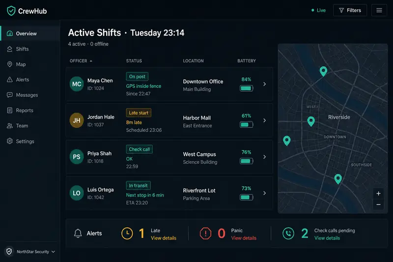 CrewHub web dashboard showing active shifts, officer status and a live map (sample data)