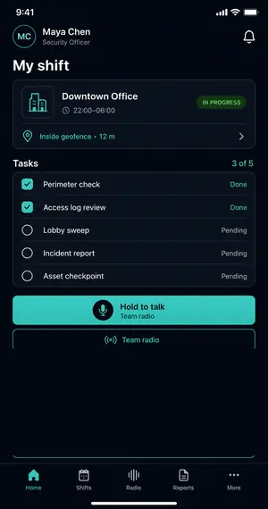 CrewHub staff app: my shift, tasks and push-to-talk (sample data)